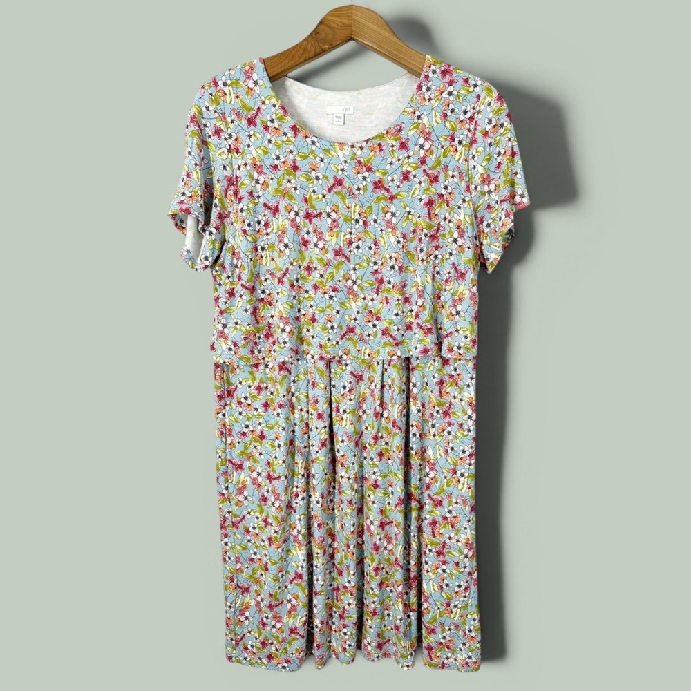 J. Jill Short Sleeve Layered Knit Floral Dress Pockets Women's Size Large Petite